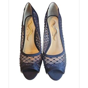 Nina Blue Lace Peep-Toe Heels